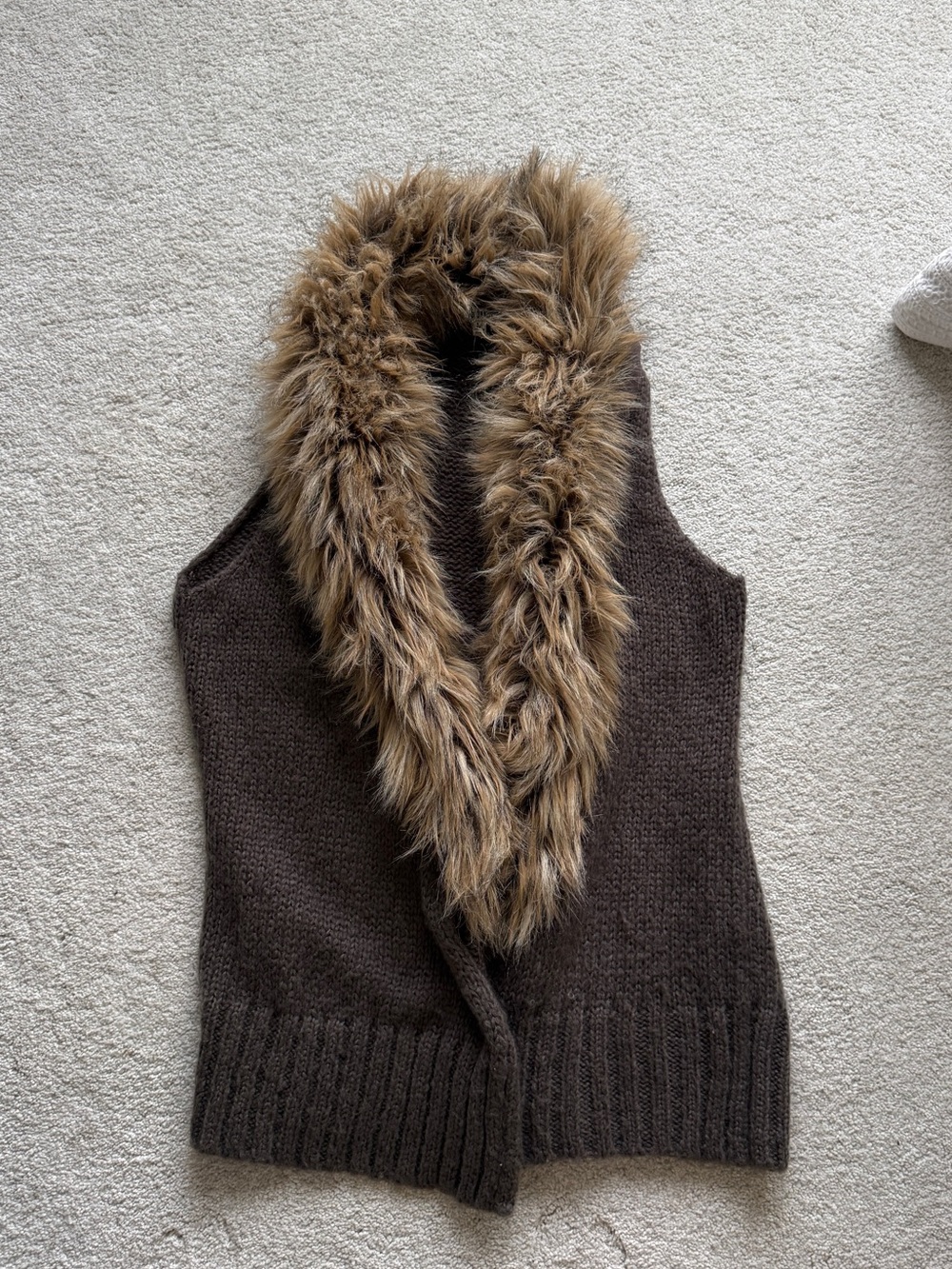 Faux-Fur Trim Brown Knit Vest - Women Sweater